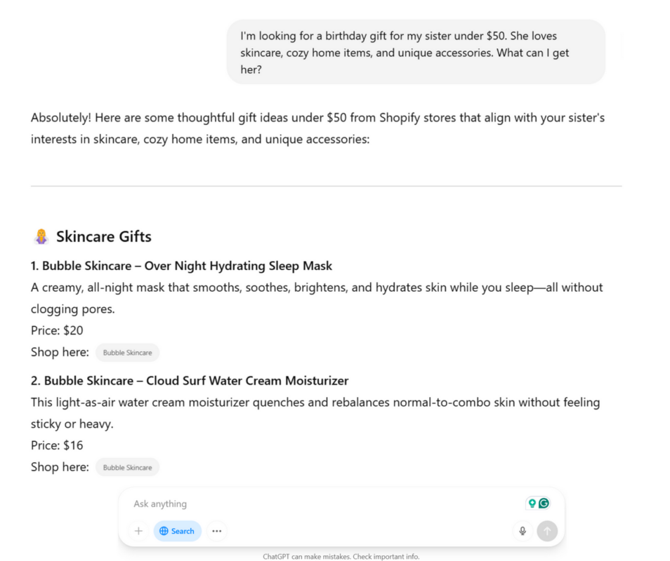 AI Shopping ChatGPT example